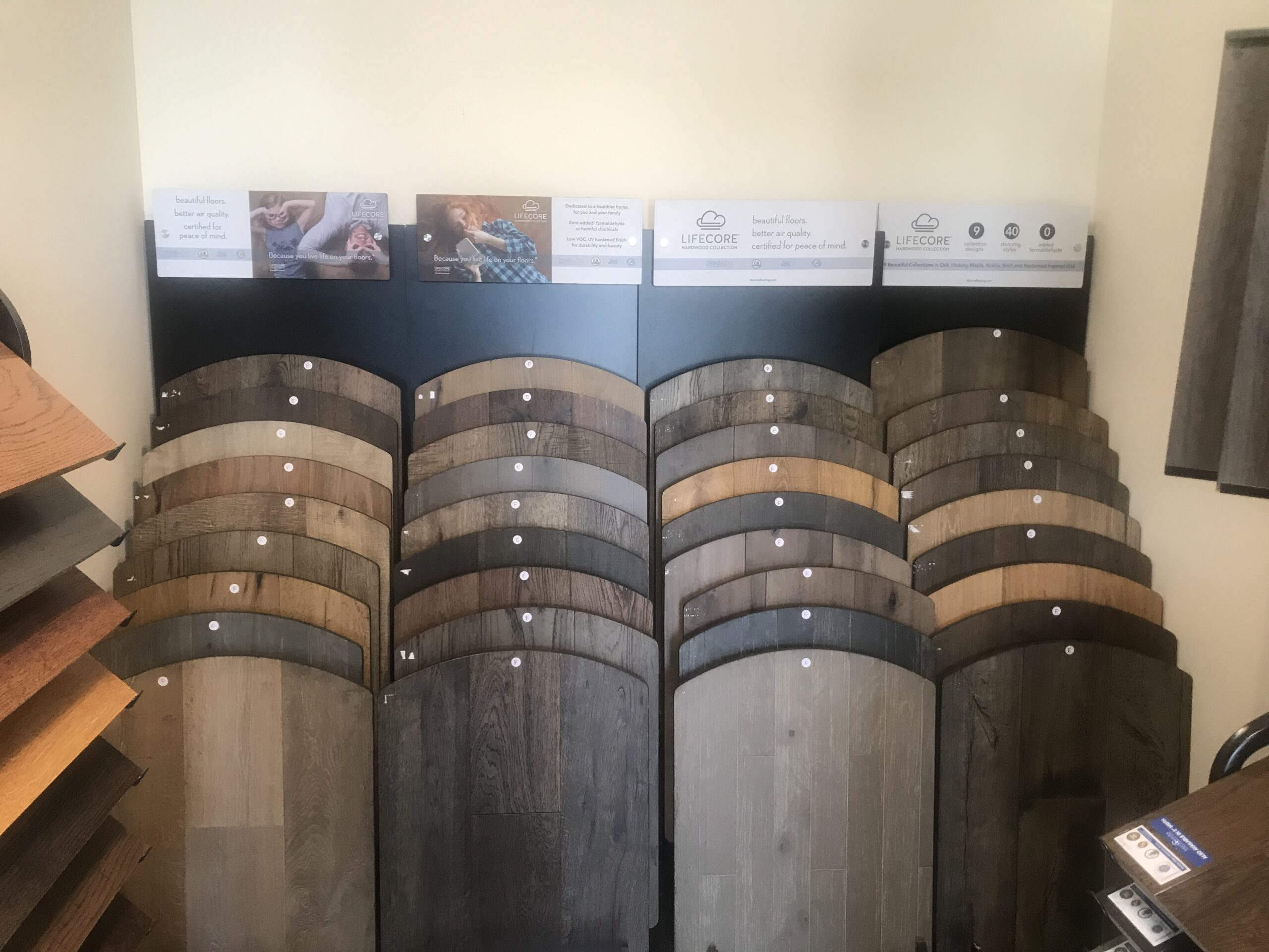 Wood flooring samples displayed at ABF Remodeling